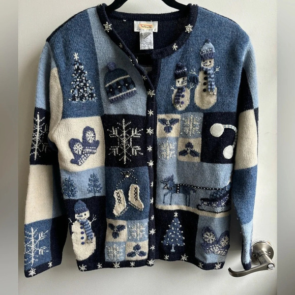 Talbots 100% Wool Patchwork Blue Holiday Crewneck Sweater Cardigan - Picture 1 of 4